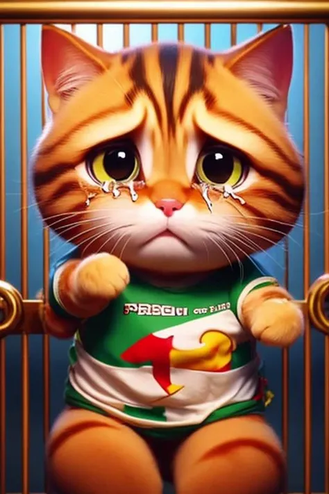 The cat did something wrong and was trapped in jail crying,chibi,personification,wearing prisoner clothes