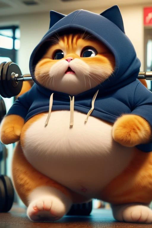 animal focus, no humans, cat, hood, big eyes, animal, fat cat doing exercise,sweat a lot,Fat cat lifting dumbbells,Looking very tired