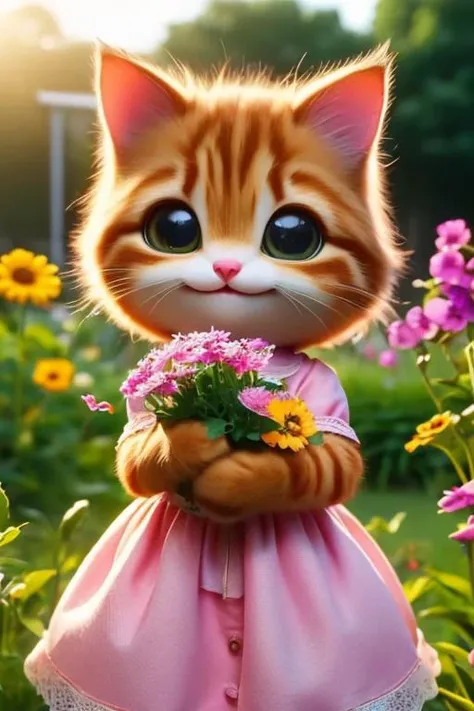A shy sweet little cat girl in a flowery summer dress grinning in a sunny garden, tries to catch small butterflies, plush, fluffy, adorable, Hyperdetailed Photography, cinematic, best quality, ultra-detailed