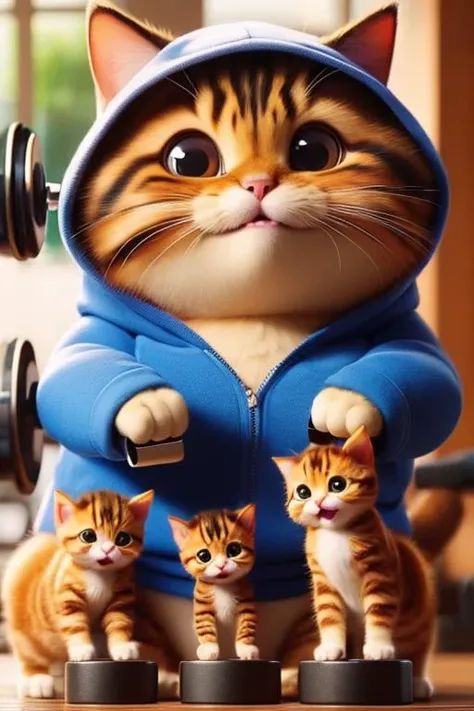 animal focus, no humans, cat, hood, big eyes, animal, Big cat doing exercises lifting dumbbells