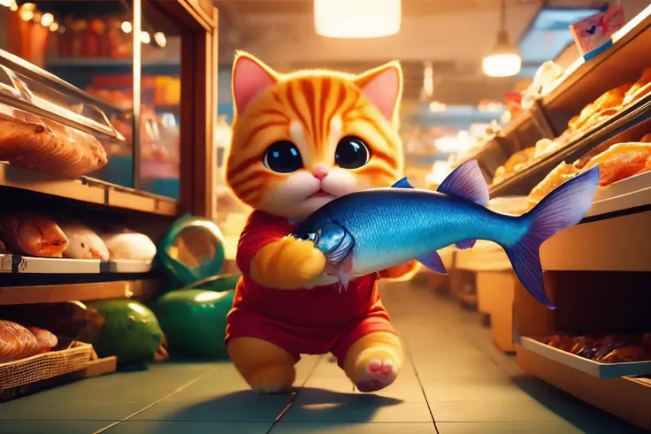 personification,kitten steals fish from fish shop,chibi,catching fish in hand