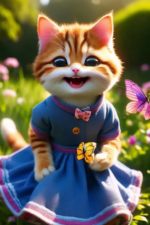 A shy sweet cat girl in a flowery summer dress grinning in a sunny garden, tries to catch small butterflies, plush, fluffy, adorable, Hyperdetailed Photography, cinematic, best quality, ultra-detailed