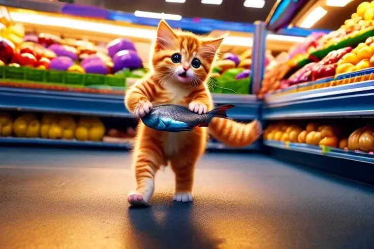 Kitten steals fish in supermarket