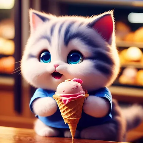 no humans, food, animal focus, cat, ice cream, animal, indoors, shop, shirt, blue eyes, shirt lift, blurry, photo background