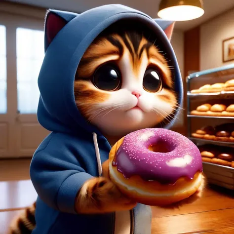 animal focus, food, no humans, eating, cat, hood, big eyes, animal, holding, solo, indoors, doughnut, hood up, holding food