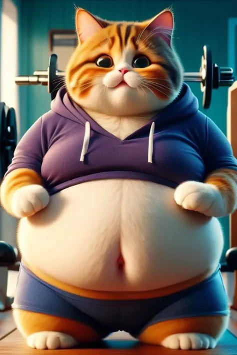 animal focus, no humans, cat, hood, big eyes, animal, fat cat doing exercise,sweat a lot,Fat cat lifting dumbbells,Looking very tired