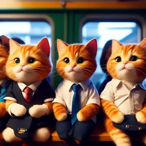 necktie, shirt, animal, white shirt, cat, multiple girls, whiskers, sleeves rolled up, train interior, sitting, phone, striped necktie, blurry, collared shirt, animal focus, multiple boys