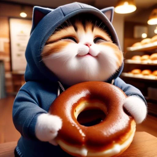 animal focus, food, no humans, blurry, eating, cat, hood, closed eyes, animal, holding, solo, indoors, doughnut, hood up, holding food