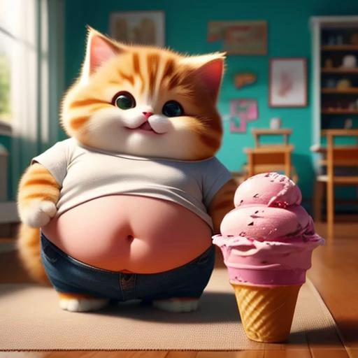 ice cream, shirt, food, no humans, animal focus, solo, ice cream cone, white shirt, cat, fat, indoors, animal, standing, holding, navel