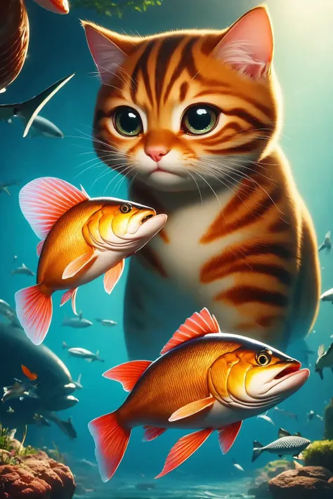 cat,big eyes,anime,illustration,fish,