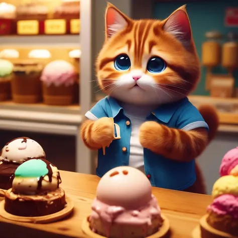 no humans, food, animal focus, cat, ice cream, animal, indoors, shop, shirt, blue eyes, shirt lift, blurry, photo background