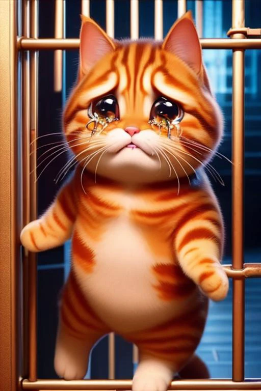 The cat did something wrong and was trapped in jail crying,chibi