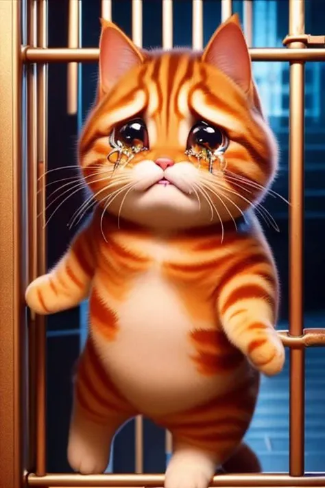 The cat did something wrong and was trapped in jail crying,chibi