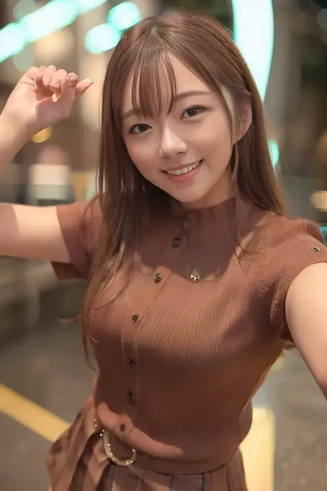 (skin blemish:1.2),1women, 28 yo, (((woman))), (skindentation), gorgeous, solo, realistic, best quality, photorealistic, masterpiece, 8k, high res, solo, extremely detailed face, cowboy shot, (professional lighting, bokeh), (light particles, lens flare, glowing particles:0.6), (dynamic pose:1.2), soft lighting, top angle view, fashionable and trendy atmosphere, japan, tokyo, ((nighttime)), ((looking at the viewer)), (looking at the camera),(portrait:0.6), standing, (small breast:1), (long hair), brown hair, floating hair, nose, lips, lipstick, seductive smile, floating hair, mole, smile, teeth, open mouth, (mole under eye:1.2), sweater, jacket, skirt, <lora:AV_AozoraH_V2:0.8>