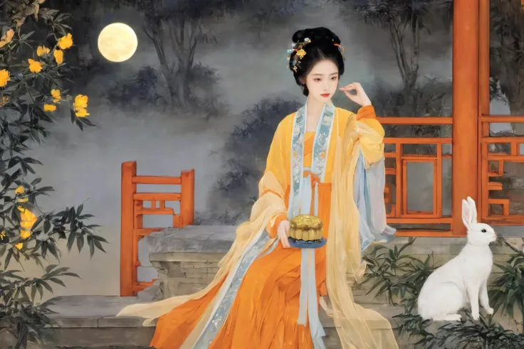 the full moon appears exceptionally bright. The first ray of moonlight shines through the mist, shining on the girl. This is a peaceful scene defined by soft, ethereal light and deep shadows.
In ancient Chinese palaces, splendid osmanthus bloomed around, emitting a charming aroma. A delicate girl in gorgeous clothes sat quietly, her beautiful appearance stunning. She held a golden mooncake in her hand and gazed at the moonlight with a smile. The fragrance of the mooncake spread around her.
Next to the girl, a cute rabbit sat quietly on the ground, and the atmosphere in the courtyard was filled with tranquility and peace. The golden moonlight gently brushed the figures of the girl and the rabbit, creating a dreamlike scene.
In this harmonious atmosphere, time seems to solidify, making people indulge in the tranquility and beauty of this moment.
(Glowing ambiance, enchanting radiance, luminous lighting, ethereal atmosphere, mesmerizing glow, evocative hues, captivating coloration, dramatic lighting, enchanting aura), ((moon:1)), (masterpiece, top quality, best quality, official art, beautiful and aesthetic:1.2), extreme detailed,(joshua middleton comic cover art:1.2), (Action painting:1.3),(concretism:1.3),theater dance scene,(hypermaximalistic:1.5),colorful,highest detailed,
(orange and yellow:1.3),
xdgb style<lora:xdgb:1>