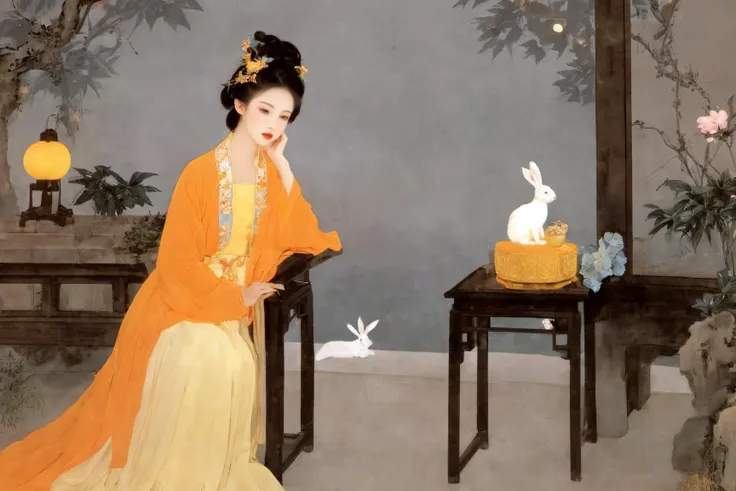 the full moon appears exceptionally bright. The first ray of moonlight shines through the mist, shining on the girl. This is a peaceful scene defined by soft, ethereal light and deep shadows.
In a courtyard of an ancient Chinese palace, gorgeous flowers bloom around, emitting a charming aroma. A delicate mahogany table is placed in the center of the courtyard, filled with various delicious mooncakes. A girl in gorgeous clothes sat quietly at the table, her beautiful appearance stunning. She held a golden mooncake in her hand and gazed at the moonwith a smile. The fragrance of the mooncake spread around her.
Next to the girl, a cute rabbit sat quietly on the ground, and the atmosphere in the courtyard was filled with tranquility and peace. The golden moon gently brushed the figures of the girl and the rabbit, creating a dreamlike scene.
In this harmonious atmosphere, time seems to solidify, making people indulge in the tranquility and beauty of this moment.
(Glowing ambiance, enchanting radiance, luminous lighting, ethereal atmosphere, mesmerizing glow, evocative hues, captivating coloration, dramatic lighting, enchanting aura), ((moon:1)), (masterpiece, top quality, best quality, official art, beautiful and aesthetic:1.2), extreme detailed,(joshua middleton comic cover art:1.2), (Action painting:1.3),(concretism:1.3),theater dance scene,(hypermaximalistic:1.5),colorful,highest detailed,
(orange and yellow:1.3),
xdgb style<lora:xdgb:1>