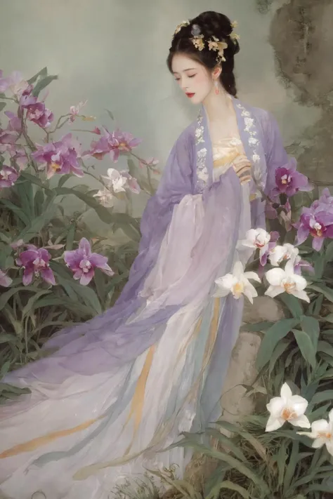 On a spring morning, a delicate orchid blooms in the garden, emitting a faint fragrance. In this sea of orchids, an ancient girl wears a graceful Hanfu, and her hair is adorned with exquisite floral decorations, complementing the elegance of orchids. She lightly stepped on the soft grass, stroking the petals of the orchid with her delicate hands, as if in a heart-to-heart conversation with the flowers. The gentle breeze caressed her sleeves, like the peaceful notes of spring, making this scene even more beautiful and peaceful..Orchids form a vortex around the girl
(Glowing ambiance, enchanting radiance, luminous lighting, ethereal atmosphere, mesmerizing glow, evocative hues, captivating coloration, dramatic lighting, enchanting aura), ((moon:1)), (masterpiece, top quality, best quality, official art, beautiful and aesthetic:1.2), extreme detailed,(joshua middleton comic cover art:1.2), (Action painting:1.3),(concretism:1.3),theater dance scene,(hypermaximalistic:1.5),colorful,highest detailed,
xdgb style<lora:xdgb:1>