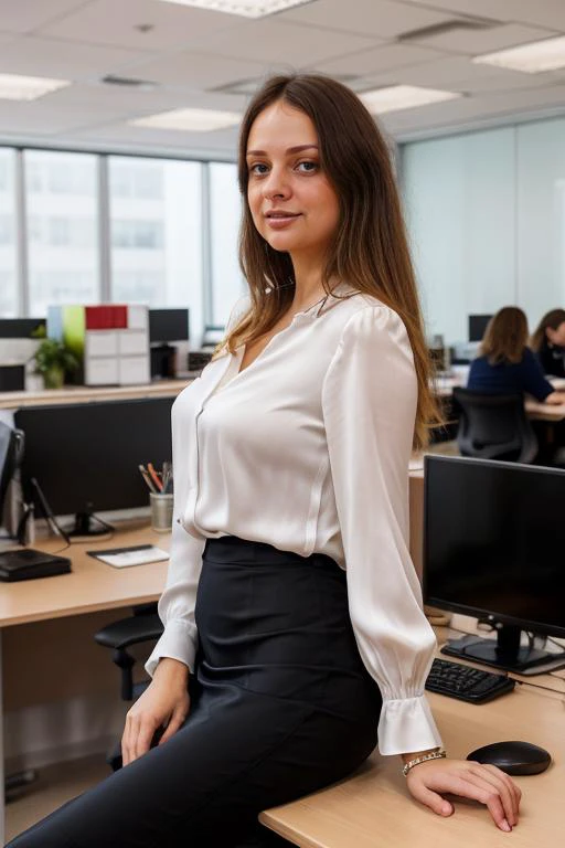 RAW photo, (ansts512), high quality, (sitting at her desk) in a wide open office room, from side, upper body, (large natural breasts, big sagging tits:1.2), slim, (slim-fit white silk blouse with V-neck and lantern sleeve), (silk blouse), loose-fitting blouse, (wide neckline), matte black pencil skirt, from above, looking at viewer, pale skin, crowded office, ceiling light, cinematic masterpiece, many people in background, highly detailed, 80mm, people working in the background, 8k uhd, dslr, Fujifilm XT3, <lora:a sd 1.5\lora_office_3:0.7> <lora:a024-with regularization\ansts512-step00002400:1>