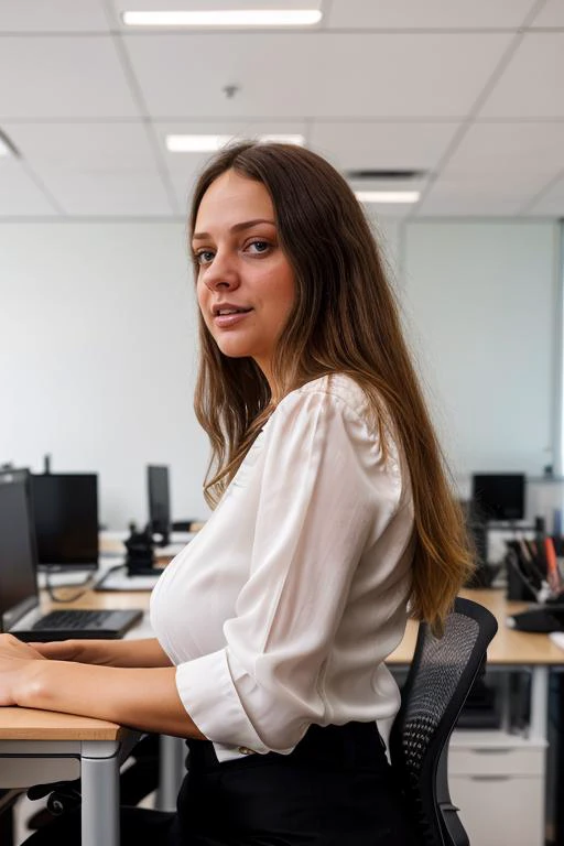 RAW photo, (ansts512), high quality, (sitting at her desk) in a wide open office room, from side, upper body, (large natural breasts, big sagging tits:1.2), slim, (slim-fit white silk blouse with V-neck and lantern sleeve), (silk blouse), loose-fitting blouse, (wide neckline), matte black short pencil skirt, from above, looking at viewer, pale skin, crowded office, ceiling light, bright, cinematic masterpiece, many people in background, highly detailed, 80mm, people working in the background, 8k uhd, dslr, Fujifilm XT3 <lora:a sd 1.5\lora_office_3:0.7> <lora:a024-with regularization\ansts512-step00002400:1>