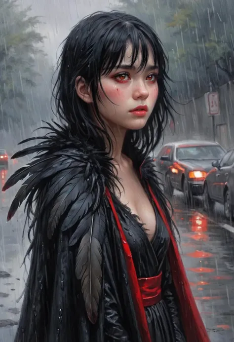 masterpiece, best quality,1girl,black hair,red eyes,black feather cloak, rain,black feathers, looking back, emotionless, wet, fog, depth of field, pastel colors