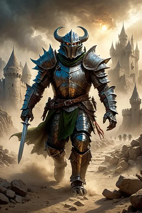 strong and powerful dungeons and dragons epic movie poster of a dragonborn wearing plate armor marching into battle (windy dust debris storm:1.1) volumetric lighting fog depth mist pass z pass fantasy stone castle bright morning sunlight from side