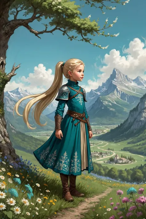 RPG concept art of a medieval child princess teal dress, elaborate, ornate, adventurer cape, (blonde hair, top pony tail:1.1), standing in a tall field of flowers, tree canopy overhead (alpine mountains:1.1), clear sky