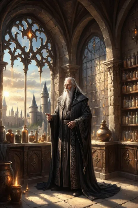 concept art of medieval fantasy elderly evil wizard glorious elaborate ornate dark robes standing in a detailed luxurious stone castle (apothecary:1.2) Game of Thrones Hogwarts bright morning sunlight shining in from window