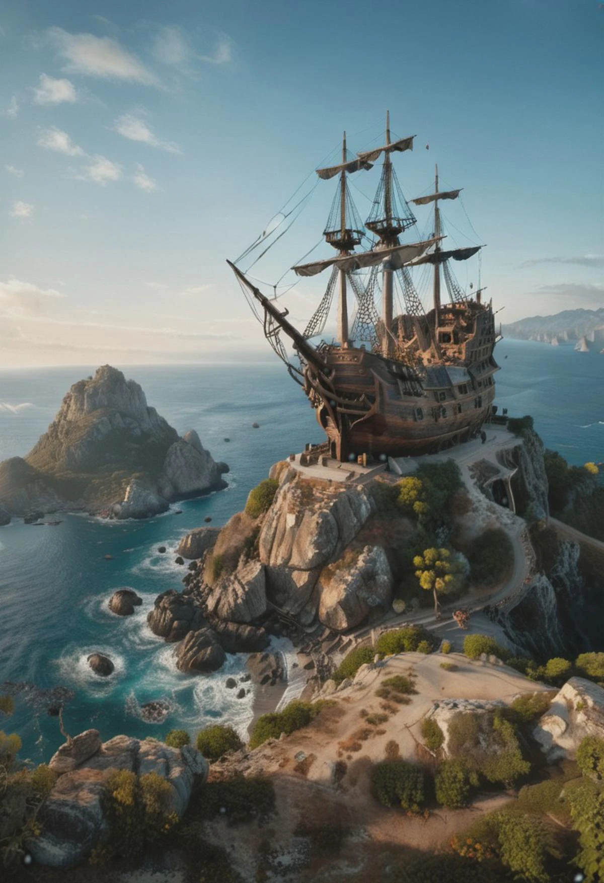 photographic, photorealism, hyper-realistic, portrait shot, a pirate ship, on the edge of a mountain, on an island surrounded by ocean, morning time, clear sky, cinematic view, dramatic lighting, soft lights, perfect composition, rule of thirds, finest details, maximized details, ultimate detail level, masterpiece, best quality, vibrant colors, advntr, zavy-cnmtc, atmospheric haze, cinematic still, dynamic lighting, movie screencap, moody, film