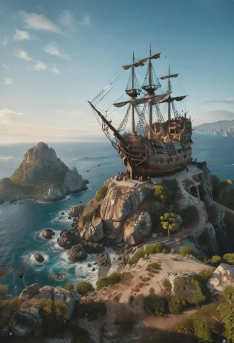 photographic, photorealism, hyper-realistic, portrait shot, a pirate ship, on the edge of a mountain, on an island surrounded by ocean, morning time, clear sky, cinematic view, dramatic lighting, soft lights, perfect composition, rule of thirds, finest details, maximized details, ultimate detail level, masterpiece, best quality, vibrant colors, advntr, zavy-cnmtc, atmospheric haze, cinematic still, dynamic lighting, movie screencap, moody, film