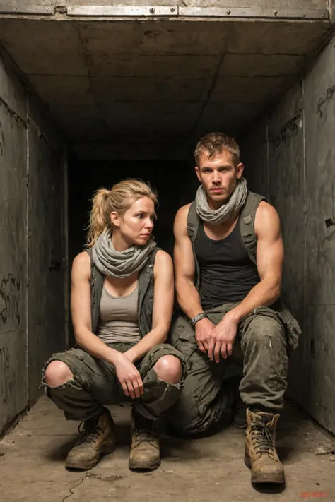 arafed couple sitting in a tunnel with a scarf around their necks