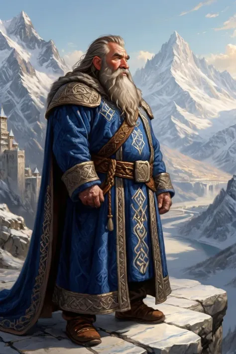 from_side ornate royal robes embroidered runes (royal elderly male dwarf:1.2) dwarven king magnificent palace snowy mountains (granite marble:1.1) thick braided beard bright morning light