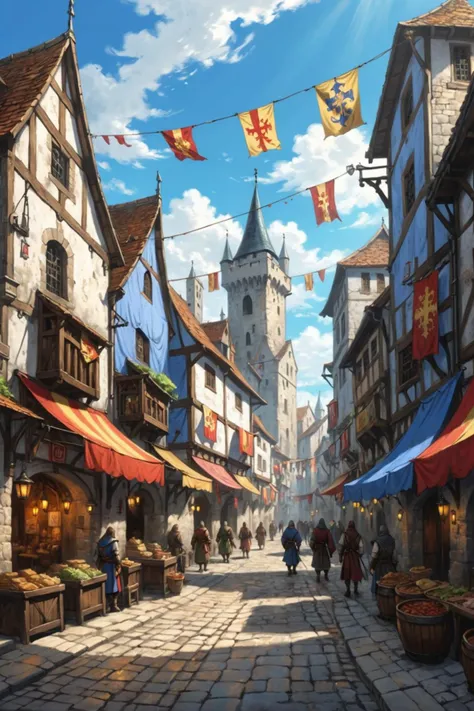 dnd best quality masterpiece atmospheric digital painting artwork 4k 8k highly detailed colorful wealthy (beautiful winding medieval city street:1.2) flags and banners hanging between buildings stone plaster shops taverns people market (bright morning light:1.1) sunny blue sky mat painting, key visual anime background screencap