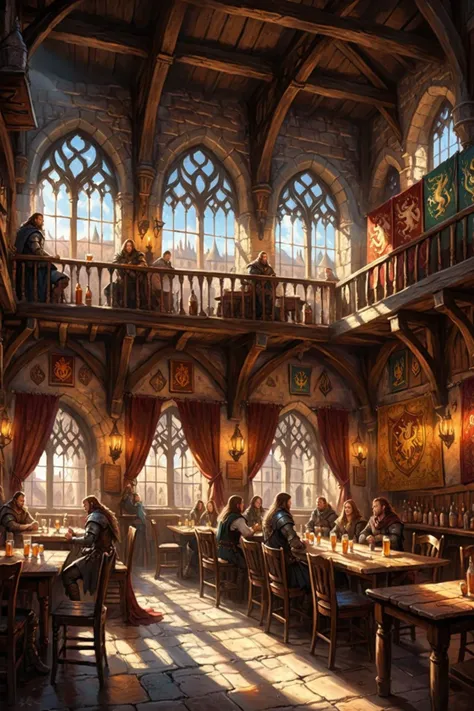 RPG concept art of a medieval fantasy tavern interior, colorful tapestries on the walls Game of Thrones Hogwarts bright morning sunlight shining in from windows with cluttered tables