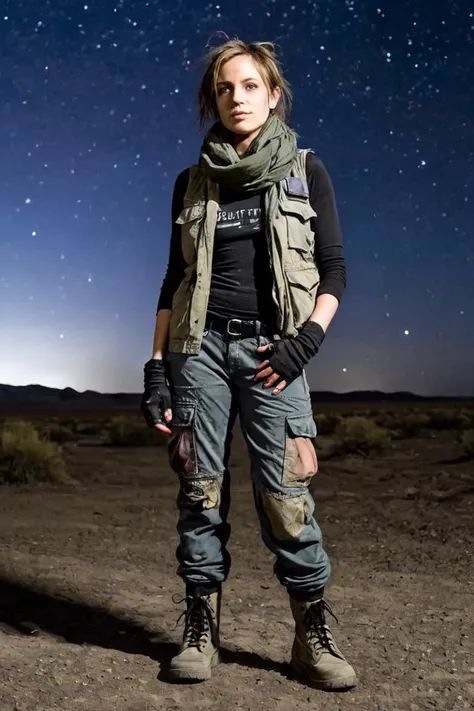 shabby Scavenger wearing a dust-covered utility jacket, faded black tank top, cargo pants with patchwork repairs, sturdy scuffed combat boots, fingerless gloves, multipurpose scarf. standing in a wasteland with a stary night sky with cosmic phenomena