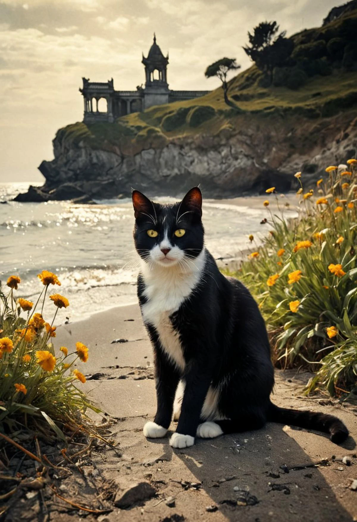 (Soft Lighting Photography by Mimoza Veliu and Mario Giacomelli:1.2), award-winning photography, photo of a cat and a badly damaged temple, in a beautiful beach, Cats running around:1.5, (broken status, spare parts scattered nearby.) Grass and flowers grow around it. Sunny summer day. ocean. Calm and beautiful. Detailed art, many details, cute, adorable, fairytale, storybook detailed illustration, cinematic, ultra highly detailed, beautiful details, vibrant colors, complex background, fine art, best quality, hyper detailed, professional poster art, bold lines, award winning, trending on ArtStation , (intricate details, masterpiece, best quality:1.4), aesthetic and beauty, astounding details, high depth of field, f/4, framing, breakthrough, collodion process, soft particles, ageless atmosphere, (maroon and marigold colors:0.1),dark, chiaroscuro, low-key,