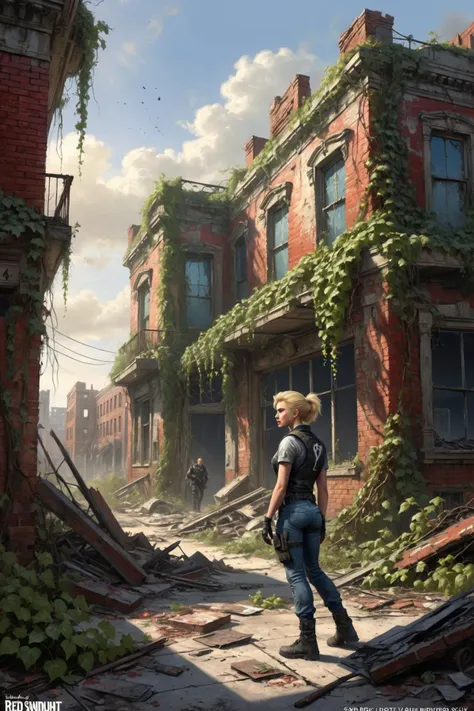 a woman walking through a ruined city with a backpack