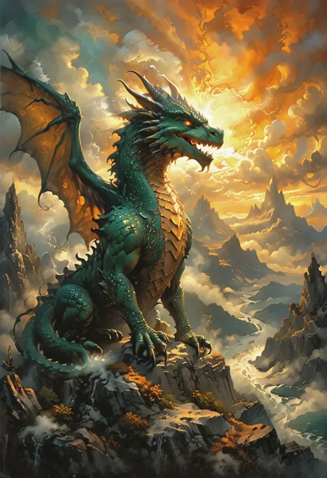 ((By Don Maitz art style:1.1)), A majestic dragon perched atop a mystical mountain, surrounded by swirling clouds and wisps of steam, as a radiant sun sets behind it, casting a warm orange glow on the scene. The dragon's scales glimmer like polished jade, its wings spread wide in regal pose, with a hint of misty valleys and ancient forests below,eye catching, great lighting, strangecomposition, chiaroscuro, low-key, corcoc3s, c3s