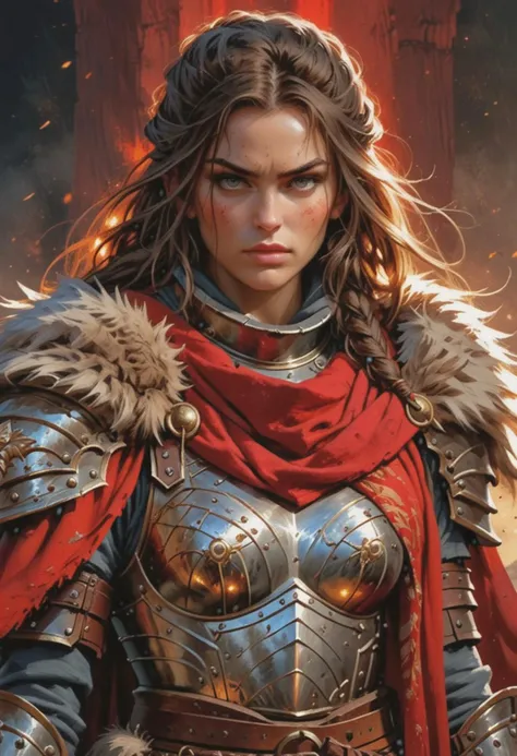 raw, movie poster, masterpiece, extremely detailed, hyperrealism, photo, perfect anatomy, magnificent young warrior princess, full body, dramatic lighting, shadow play, romantic, heroism, epic, determination, proud, eternal beauty, detailed face, very long hair, ashen hair, beautiful eyes, battlefield background, massive plate armor, huge breasts, very thin waist, heavy arms armor, red cape, fur collar,