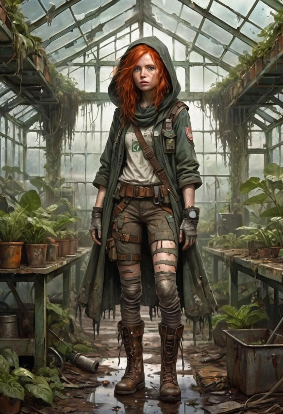 Concept art of a young redhead girl wearing shabby Scout Gear, Binoculars, hooded cloak, lightweight boots, leggings, utility belt. fringe hair, in a post-apocalyptic neglected greenhouse, shattered glass, overgrown plants, rusted tools, pale moonlight shining, detailed, intricate