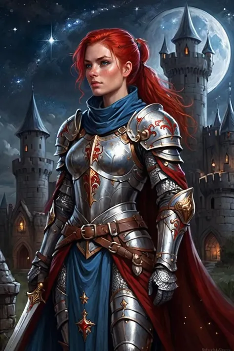 RPG concept art of a medieval woman paladin in a bright silver armor, elaborate, ornate, blue adventurer cape, (red hair, pony tail:1.1), outdoors, dark castle, starry sky