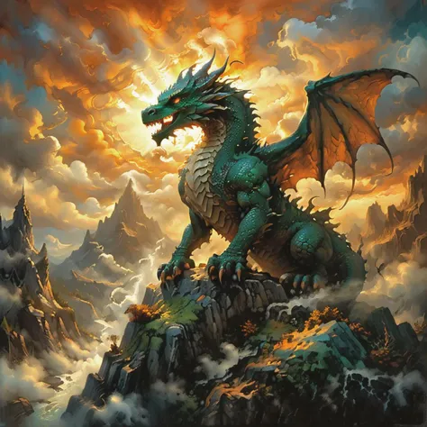 ((By Don Maitz art style:1.1)), A majestic dragon perched atop a mystical mountain, surrounded by swirling clouds and wisps of steam, as a radiant sun sets behind it, casting a warm orange glow on the scene. The dragon's scales glimmer like polished jade, its wings spread wide in regal pose, with a hint of misty valleys and ancient forests below,eye catching, great lighting, strangecomposition, chiaroscuro, low-key, corcoc3s, c3s