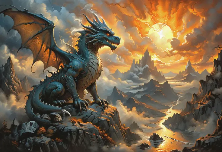 ((By Don Maitz art style:1.1)), A majestic dragon perched atop a mystical mountain, surrounded by swirling clouds and wisps of steam, as a radiant sun sets behind it, casting a warm orange glow on the scene. The dragon's scales glimmer like polished silver, its wings spread wide in regal pose, with a hint of misty valleys and ancient forests below,eye catching, great lighting, strangecomposition, chiaroscuro, low-key, corcoc3s, c3s