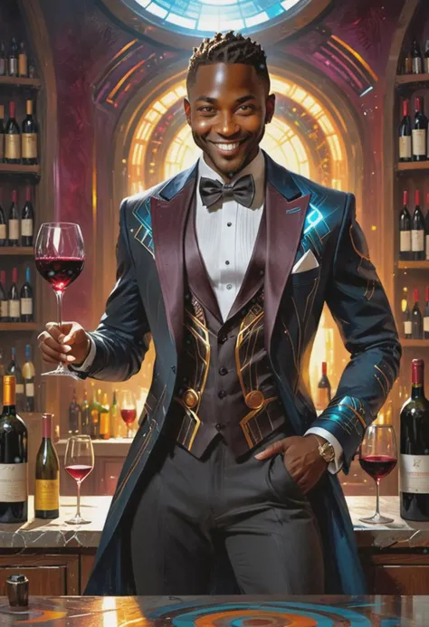 dark fantasy, space opera, interstellar mister trickster, inspired by anansi and scheherazade, human african black male, wearing ultra futuristic tuxedo, sly smile, dynamic pose, knife behind smile, presenting wine glass, (hand in pocket:1.4), waist up portrait, slick corporation ceo,
(absurdres, best quality, masterpiece), detailed, detailed body, detailed face, professional photo, raw, volumetric lighting, ray tracing, reflections, dynamic scene, cinematic angle, action pose, vibrant colors, high contast, 4K, sharp