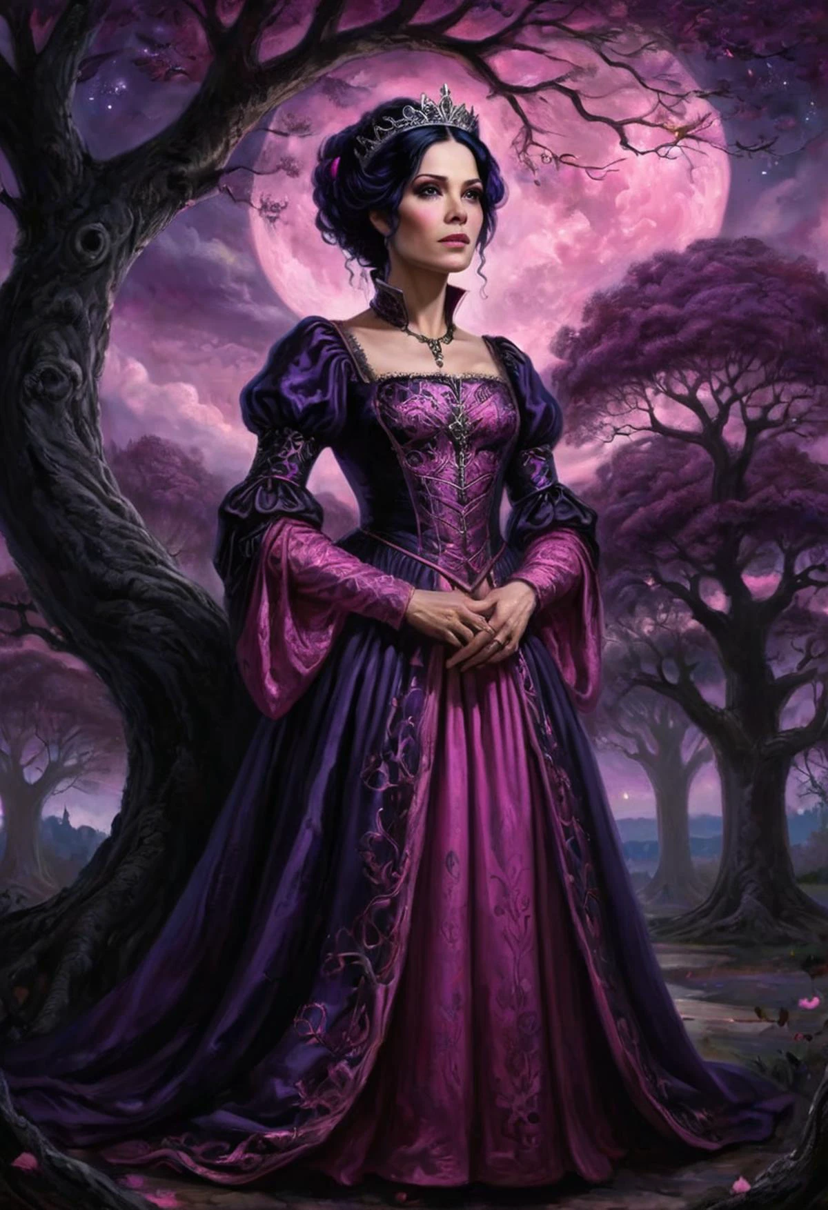 concept art of a mature woman with black pink hair, (pink eyes:1.2), wearing a medieval princess purple dress, portrait, hands clasped, elaborate, ornate, dark tree canopy overhead, night sky
