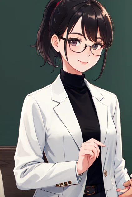 masterpiece, best quality, American clothes, 1girl, solo, ponytail, widesmile, eyeglasses, 1girl, short hair, black turtleneck, holding hands