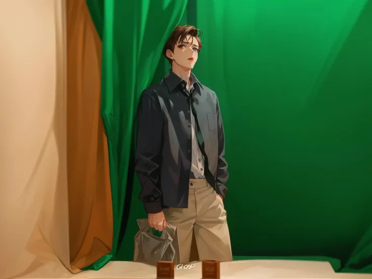 1boy, brown hair, curtains, collared shirt, depth of field, lips, male focus, shirt, solo, standing up, white shirt, wing collar, looking at viewer, holding bag