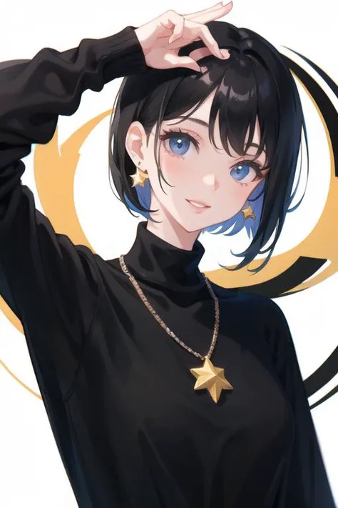 masterpiece, 1girl, solo, short hair, black turtleneck sweater, white background, light smile, star jewelry, crescent earrings, black hair,