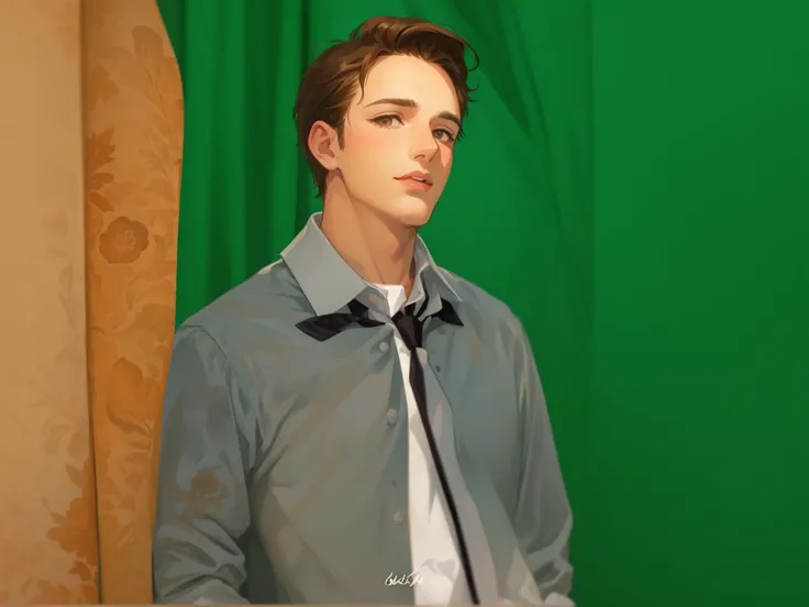 1boy, brown hair, curtains, collared shirt, depth of field, lips, male focus, necktie, shirt, solo, upper body, white shirt, wing collar, looking at viewer,