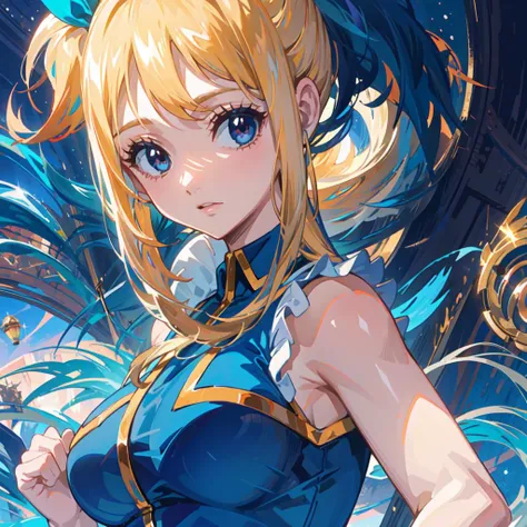 (exceptional, best aesthetic, best quality, masterpiece, extremely detailed, anime), lucy heartfilia, blue sleeveless shirt, <lora:lucy_heartfilia:1>, 1girl, solo, perfect breasts, looking at viewer