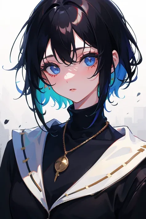 1girl, absurdres, masterpiece, upper body, short hair, messy hair, black turtleneck,